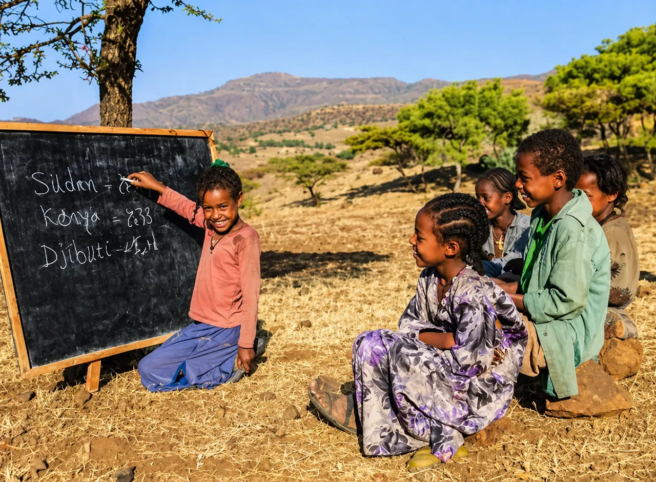 Kinder lernen im Freien an einer Schultafel
